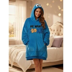 Sesame Street Cookie Monster Fuzzy Hoodie Robe Dress Sz M/M Blue Winter Outdoor